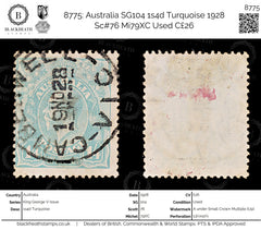 8775: Australia SG104 1s4d Turquoise 1928 Sc#76 Mi79XC Used C£26, view 1