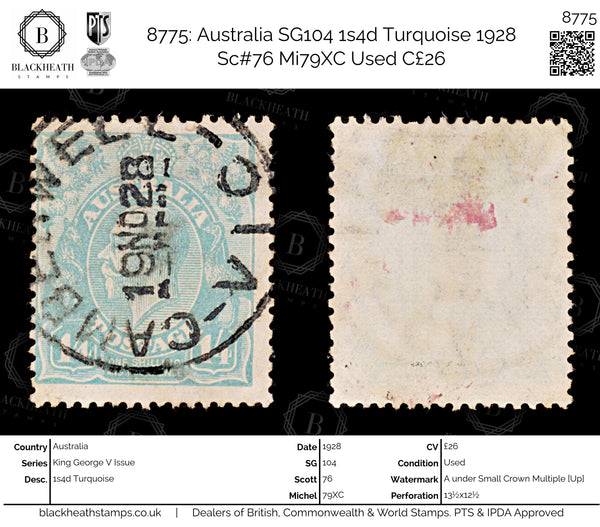 8775: Australia SG104 1s4d Turquoise 1928 Sc#76 Mi79XC Used C£26