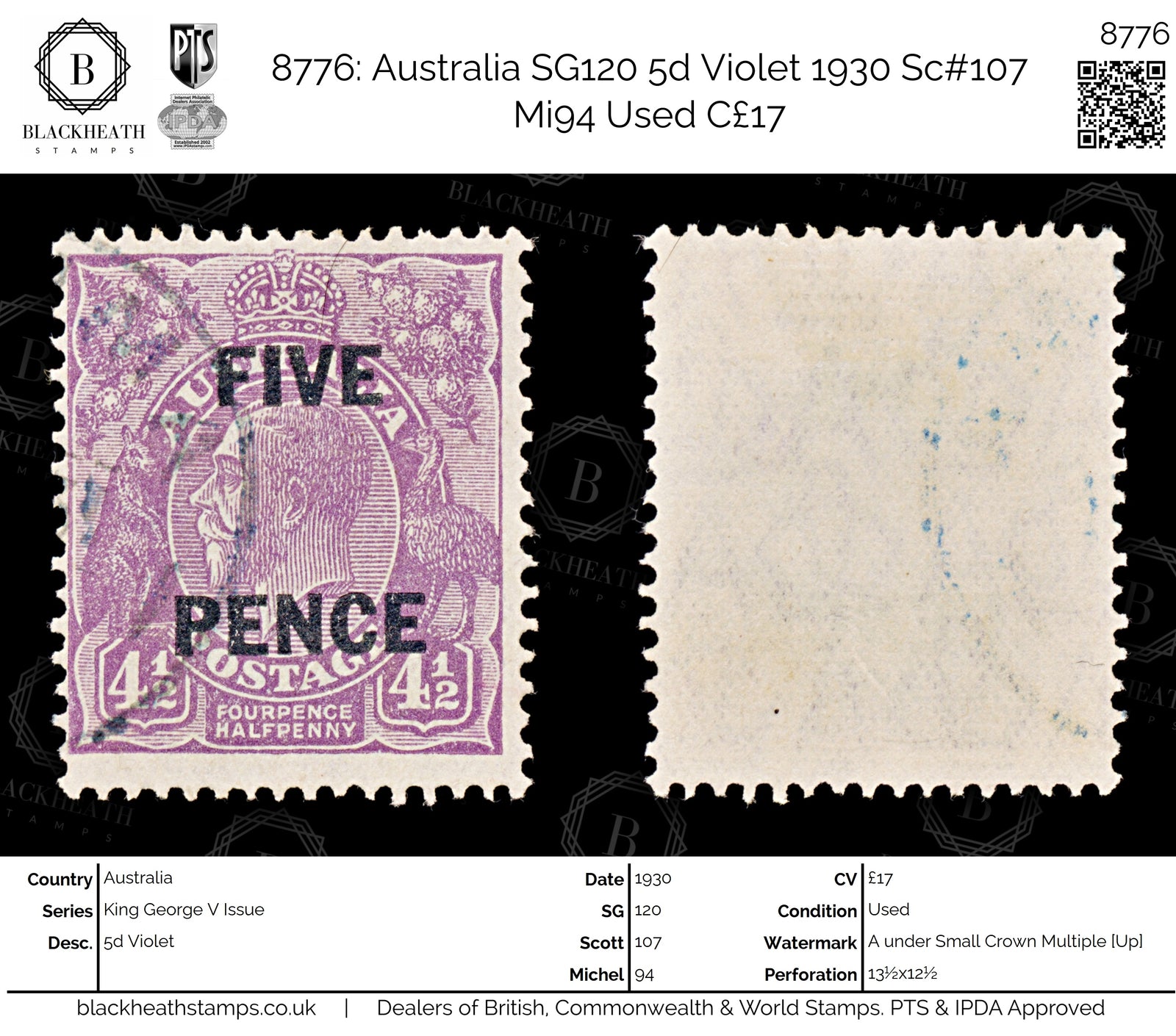 8776: Australia SG120 5d Violet 1930 Sc#107 Mi94 Used C£17