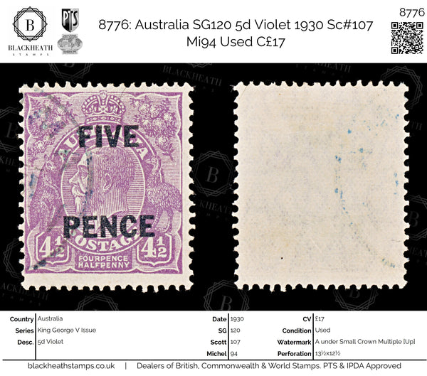 8776: Australia SG120 5d Violet 1930 Sc#107 Mi94 Used C£17