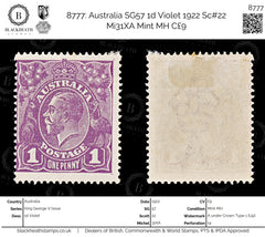 8777: Australia SG57 1d Violet 1922 Sc#22 Mi31XA Mint MH C£9, view 1