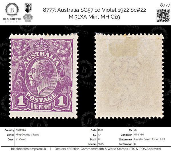 8777: Australia SG57 1d Violet 1922 Sc#22 Mi31XA Mint MH C£9