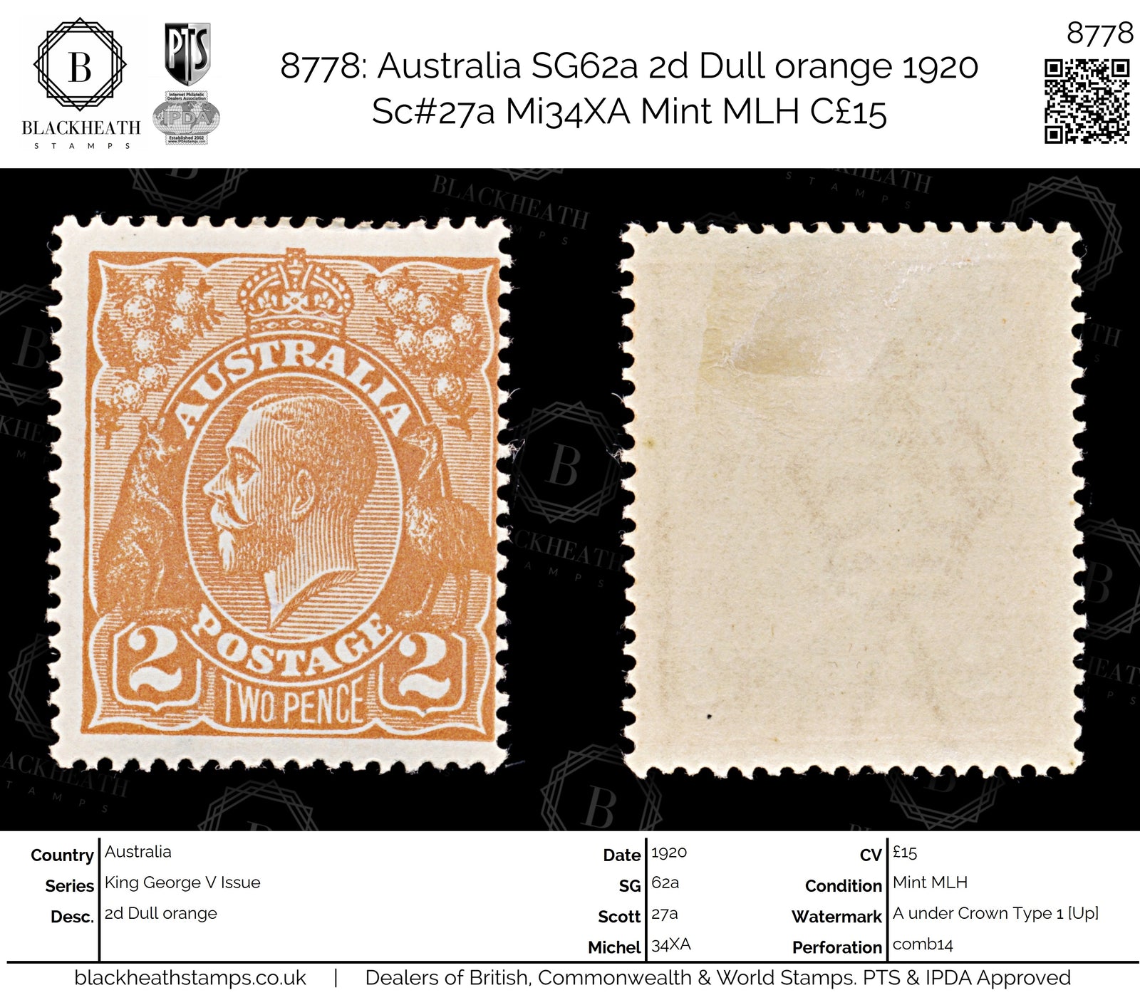 8778: Australia SG62a 2d Dull orange 1920 Sc#27a Mi34XA Mint MLH C£15