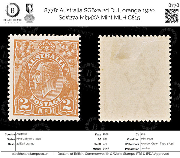 8778: Australia SG62a 2d Dull orange 1920 Sc#27a Mi34XA Mint MLH C£15