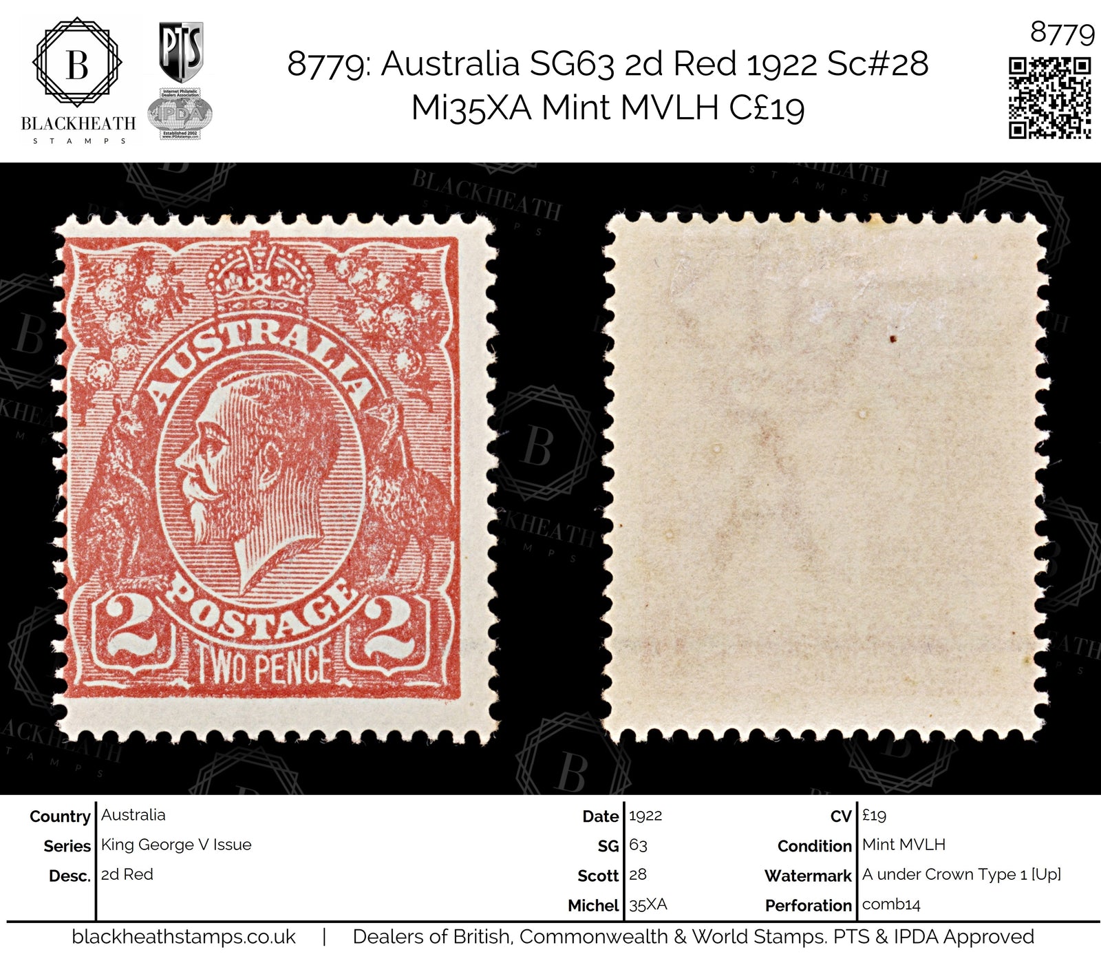 8779: Australia SG63 2d Red 1922 Sc#28 Mi35XA Mint MVLH C£19