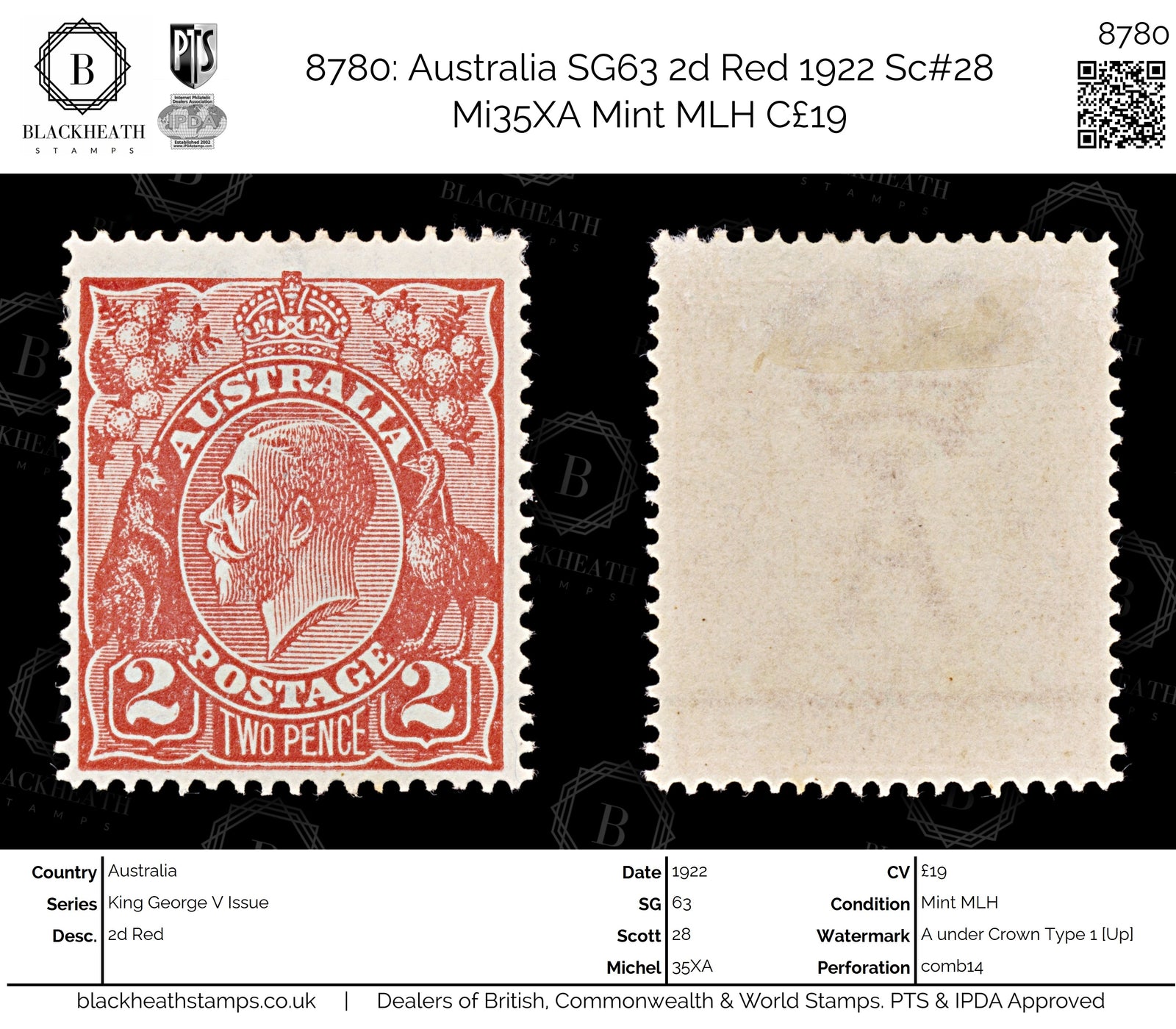 8780: Australia SG63 2d Red 1922 Sc#28 Mi35XA Mint MLH C£19