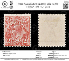 8780: Australia SG63 2d Red 1922 Sc#28 Mi35XA Mint MLH C£19, view 1