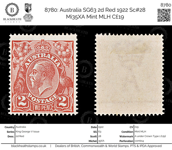 8780: Australia SG63 2d Red 1922 Sc#28 Mi35XA Mint MLH C£19