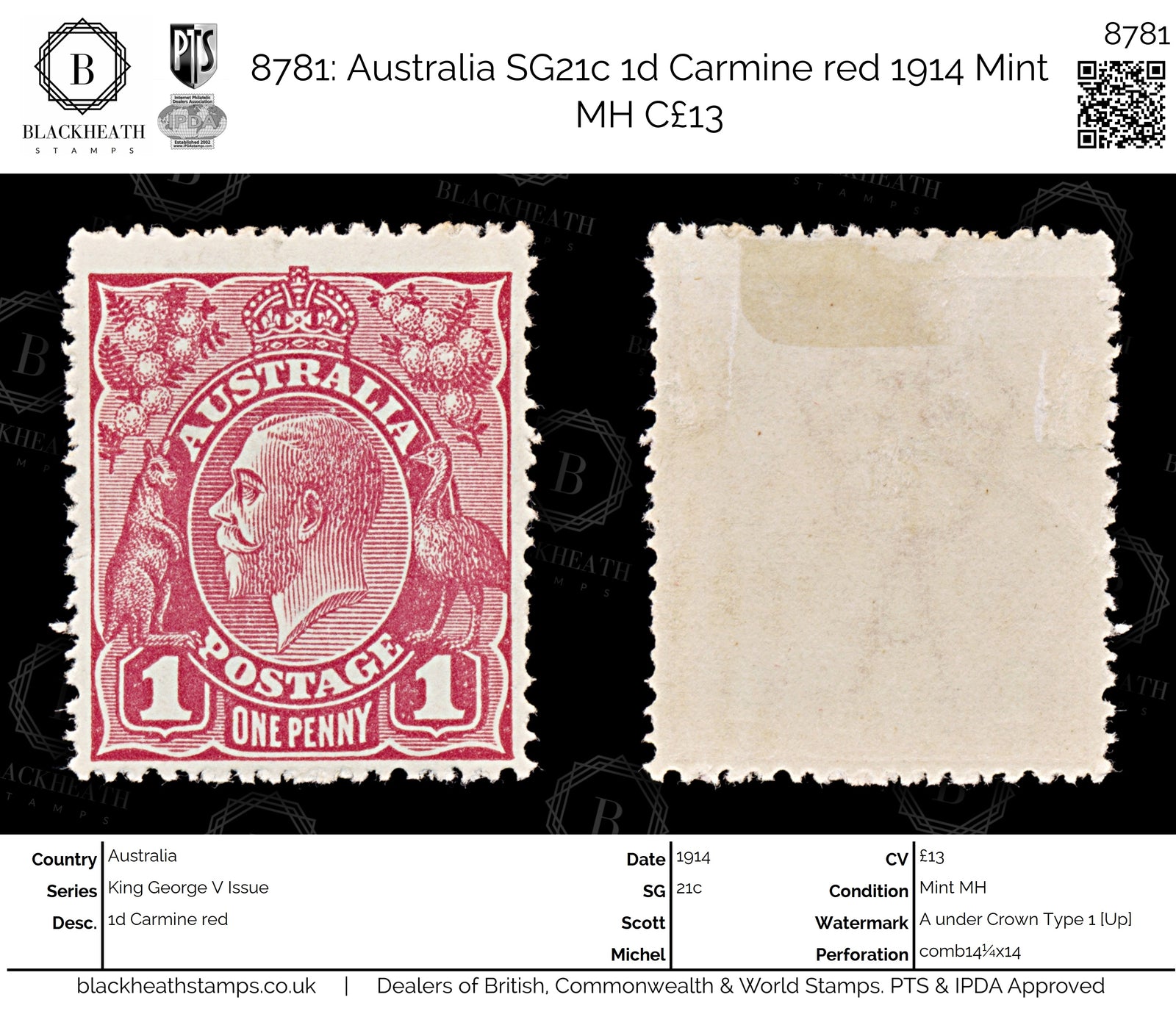 8781: Australia SG21c 1d Carmine red 1914 Mint MH C£13