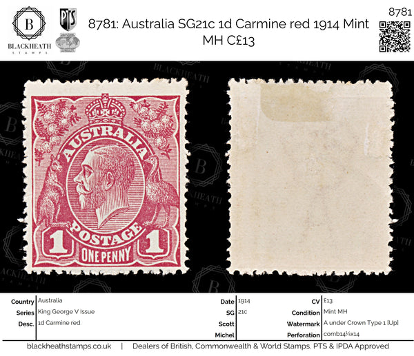 8781: Australia SG21c 1d Carmine red 1914 Mint MH C£13