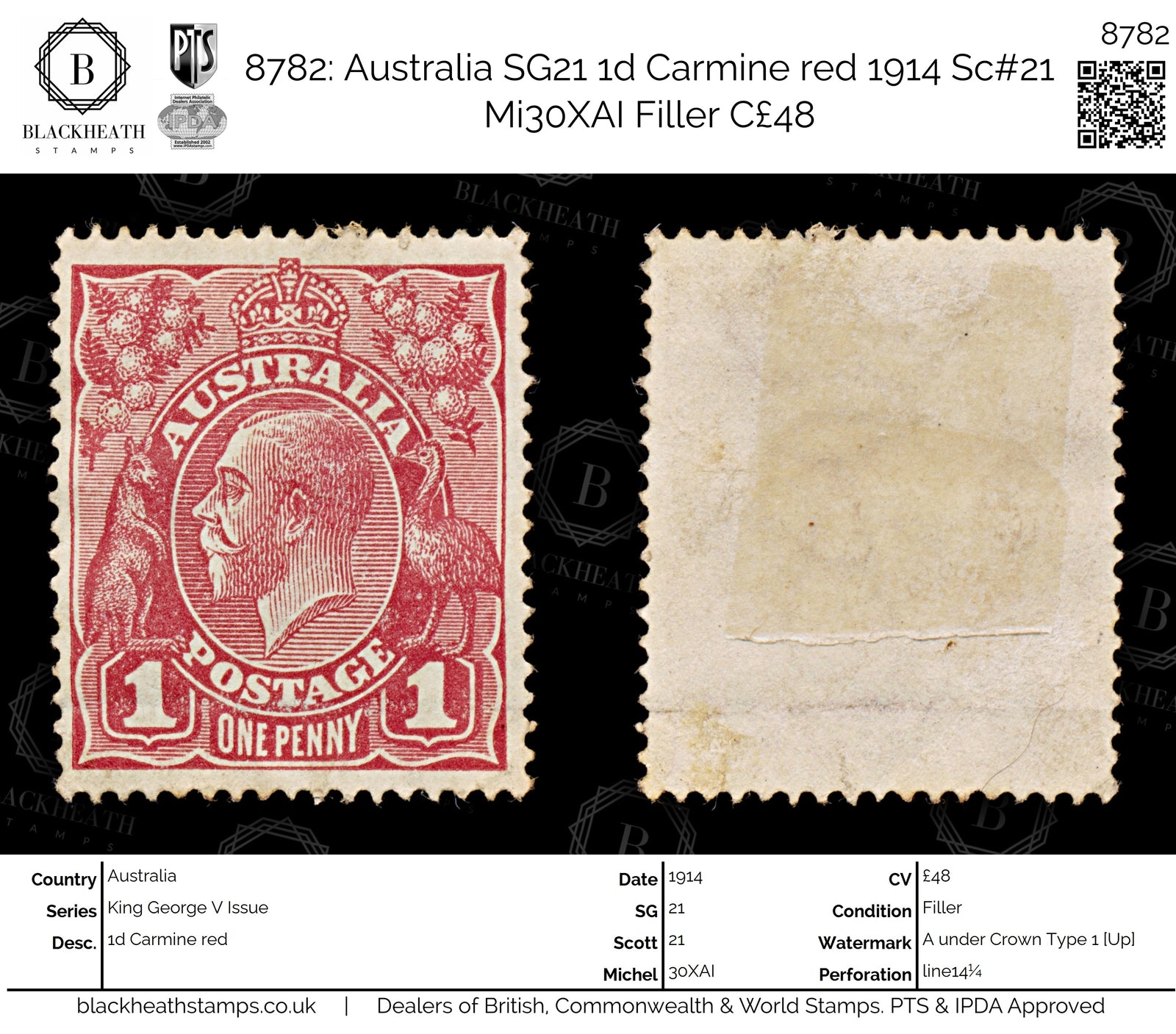 8782: Australia SG21 1d Carmine red 1914 Sc#21 Mi30XAI Filler C£48