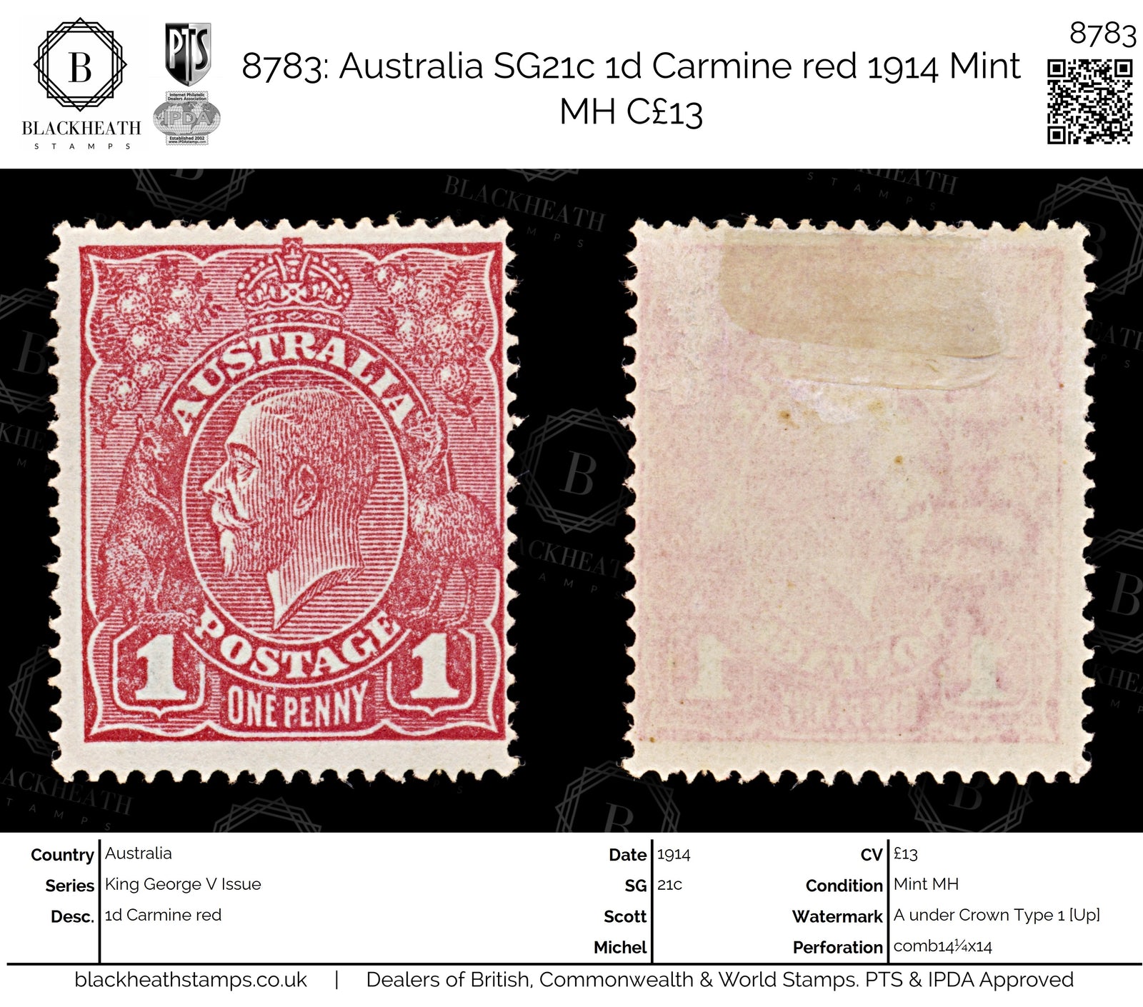 8783: Australia SG21c 1d Carmine red 1914 Mint MH C£13