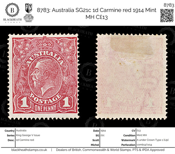 8783: Australia SG21c 1d Carmine red 1914 Mint MH C£13
