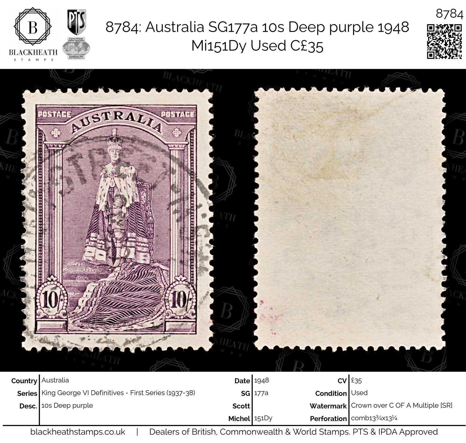 8784: Australia SG177a 10s Deep purple 1948 Mi151Dy Used C£35