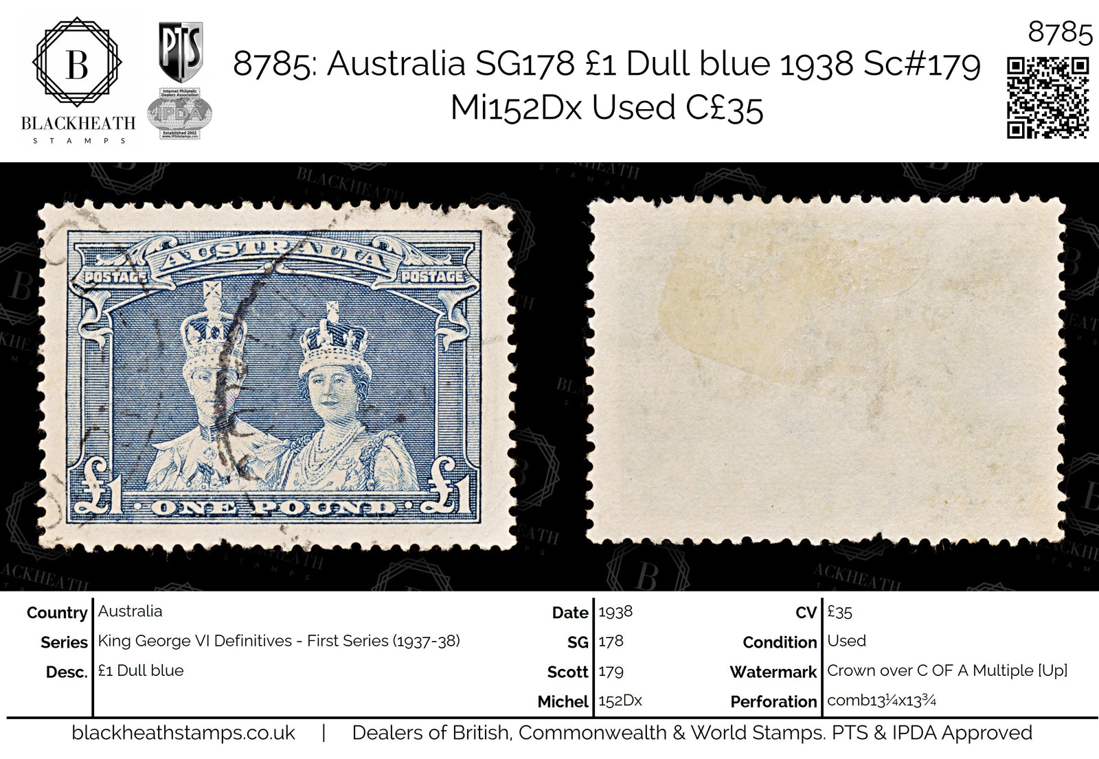 8785: Australia SG178 £1 Dull blue 1938 Sc#179 Mi152Dx Used C£35