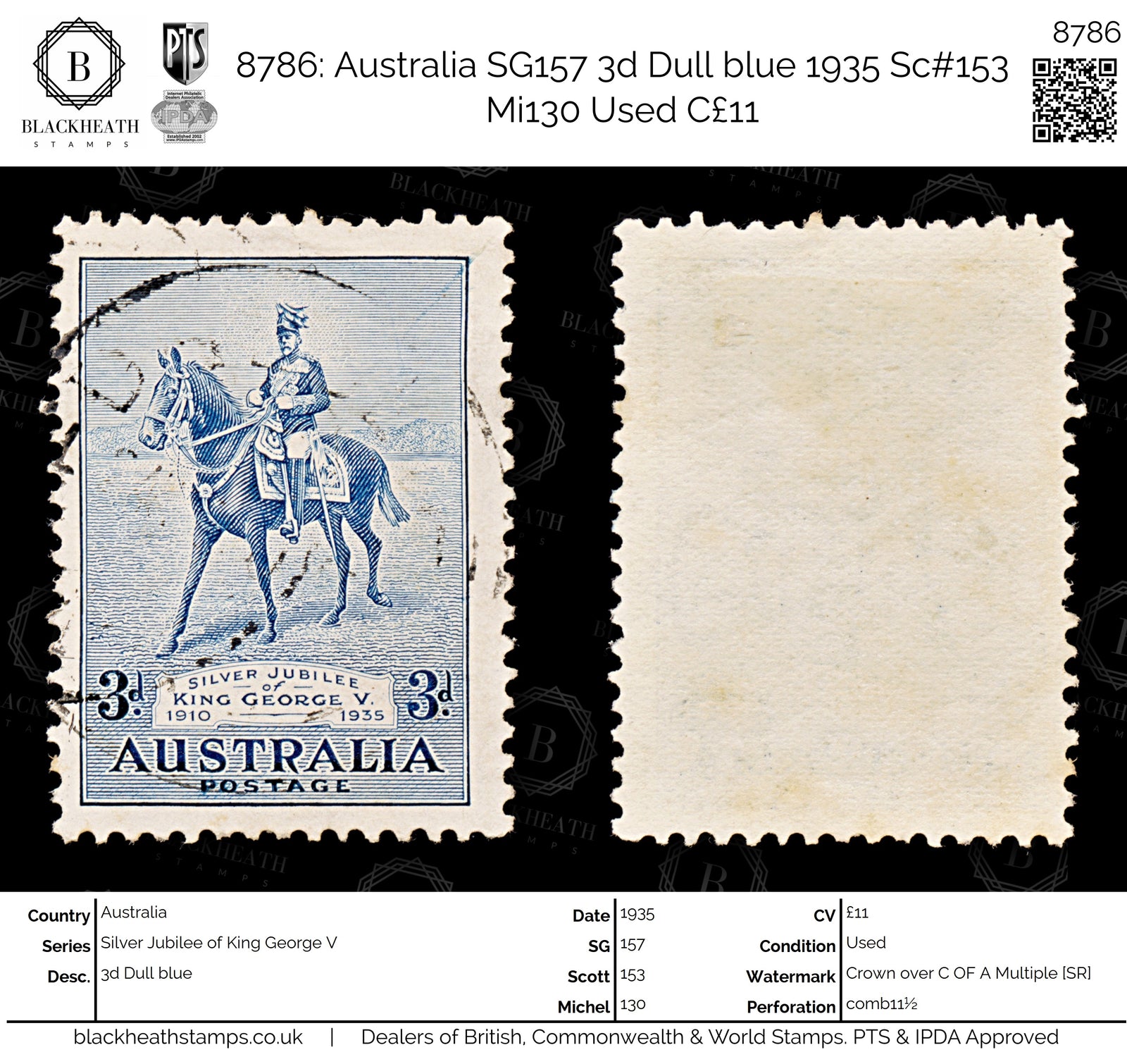 8786: Australia SG157 3d Dull blue 1935 Sc#153 Mi130 Used C£11