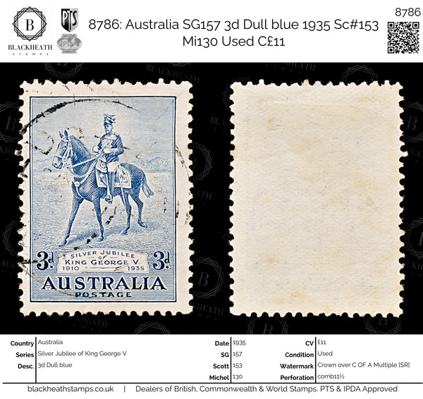 8786: Australia SG157 3d Dull blue 1935 Sc#153 Mi130 Used C£11