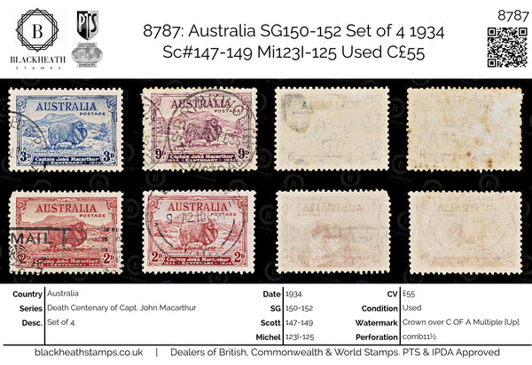 8787: Australia SG150-152 Set of 4 1934 Sc#147-149 Mi123I-125 Used C£55