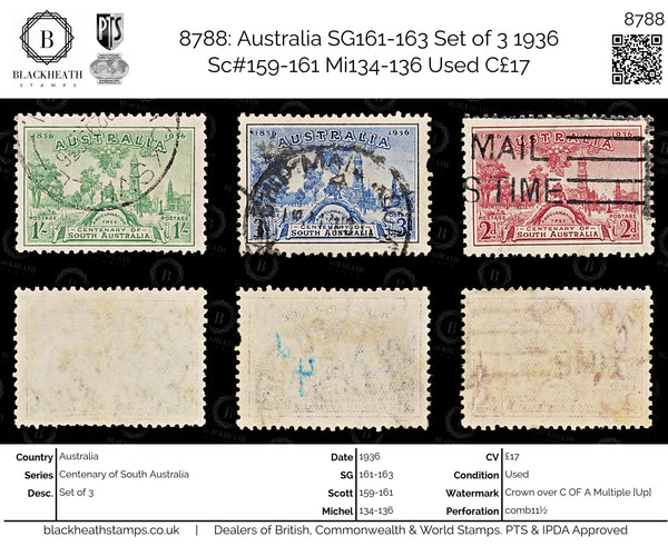 8788: Australia SG161-163 Set of 3 1936 Sc#159-161 Mi134-136 Used C£17