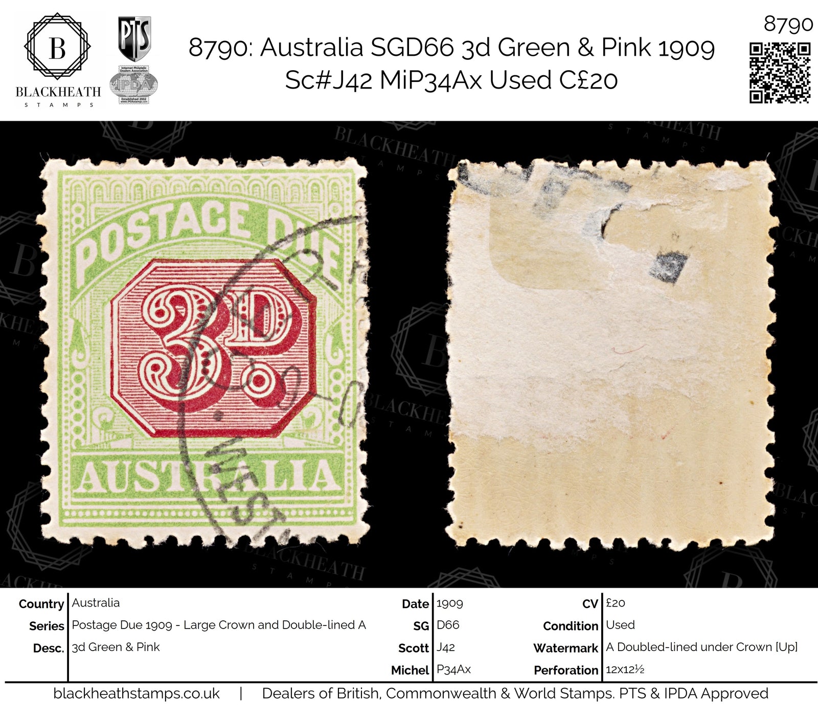 8790: Australia SGD66 3d Green & Pink 1909 Sc#J42 MiP34Ax Used C£20