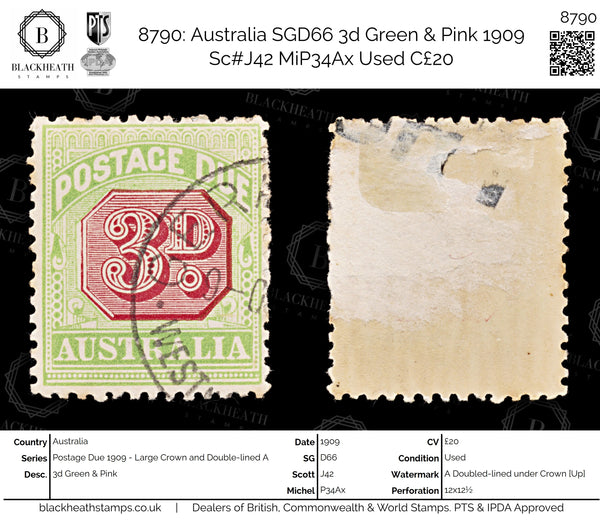 8790: Australia SGD66 3d Green & Pink 1909 Sc#J42 MiP34Ax Used C£20