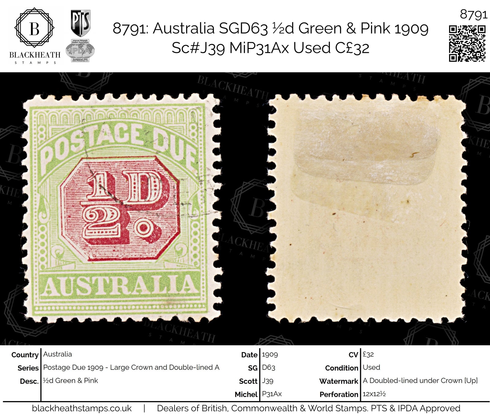 8791: Australia SGD63 ½d Green & Pink 1909 Sc#J39 MiP31Ax Used C£32