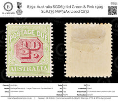 8791: Australia SGD63 ½d Green & Pink 1909 Sc#J39 MiP31Ax Used C£32, view 1