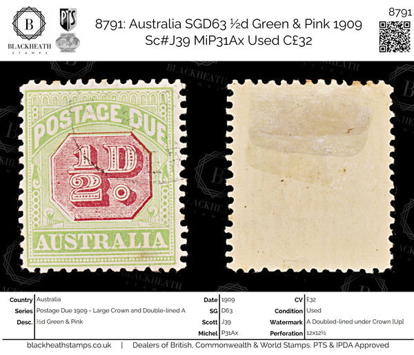 8791: Australia SGD63 ½d Green & Pink 1909 Sc#J39 MiP31Ax Used C£32