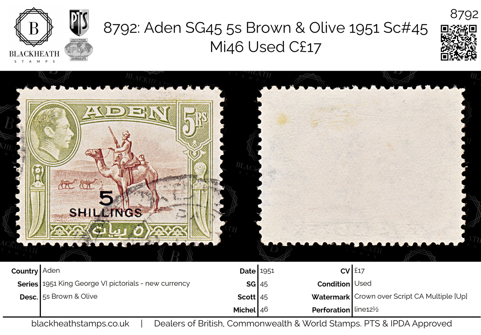 8792: Aden SG45 5s Brown & Olive 1951 Sc#45 Mi46 Used C£17