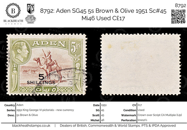 8792: Aden SG45 5s Brown & Olive 1951 Sc#45 Mi46 Used C£17