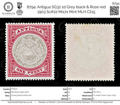 8794: Antigua SG32 1d Grey black & Rose red 1903 Sc#22 Mi17x Mint MLH C£15, view 1