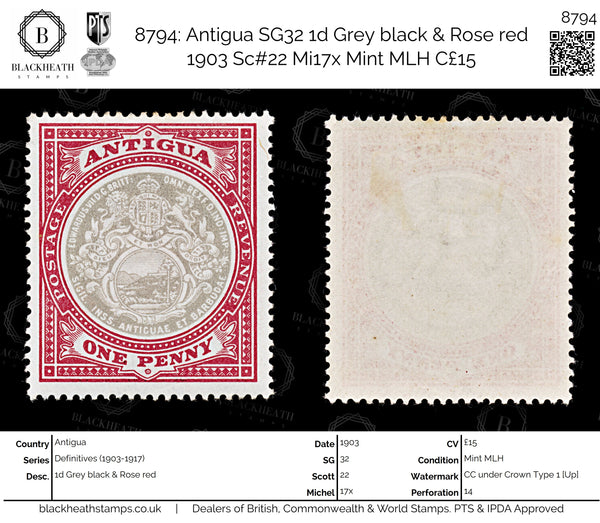 8794: Antigua SG32 1d Grey black & Rose red 1903 Sc#22 Mi17x Mint MLH C£15