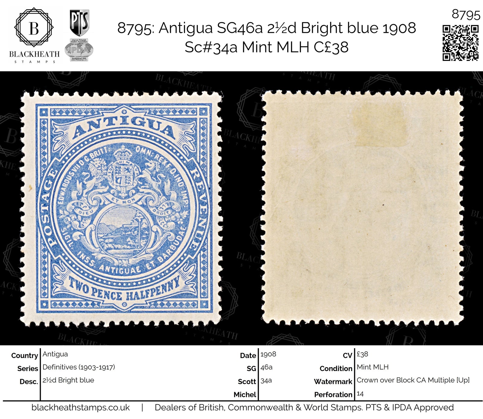 8795: Antigua SG46a 2½d Bright blue 1908 Sc#34a Mint MLH C£38