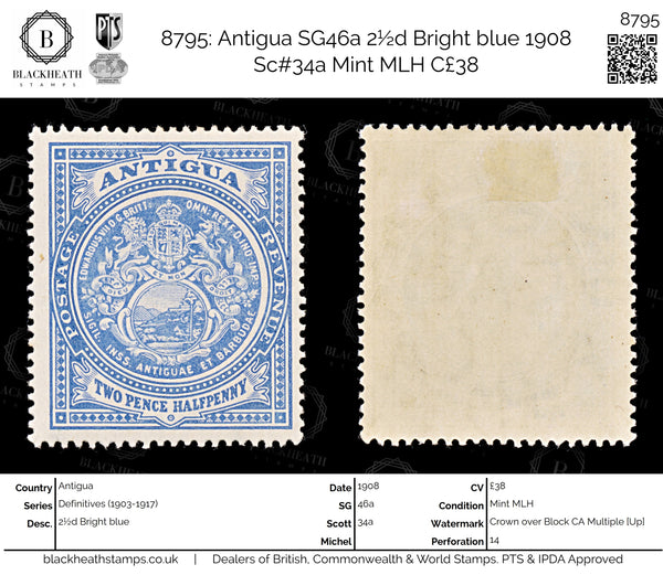 8795: Antigua SG46a 2½d Bright blue 1908 Sc#34a Mint MLH C£38