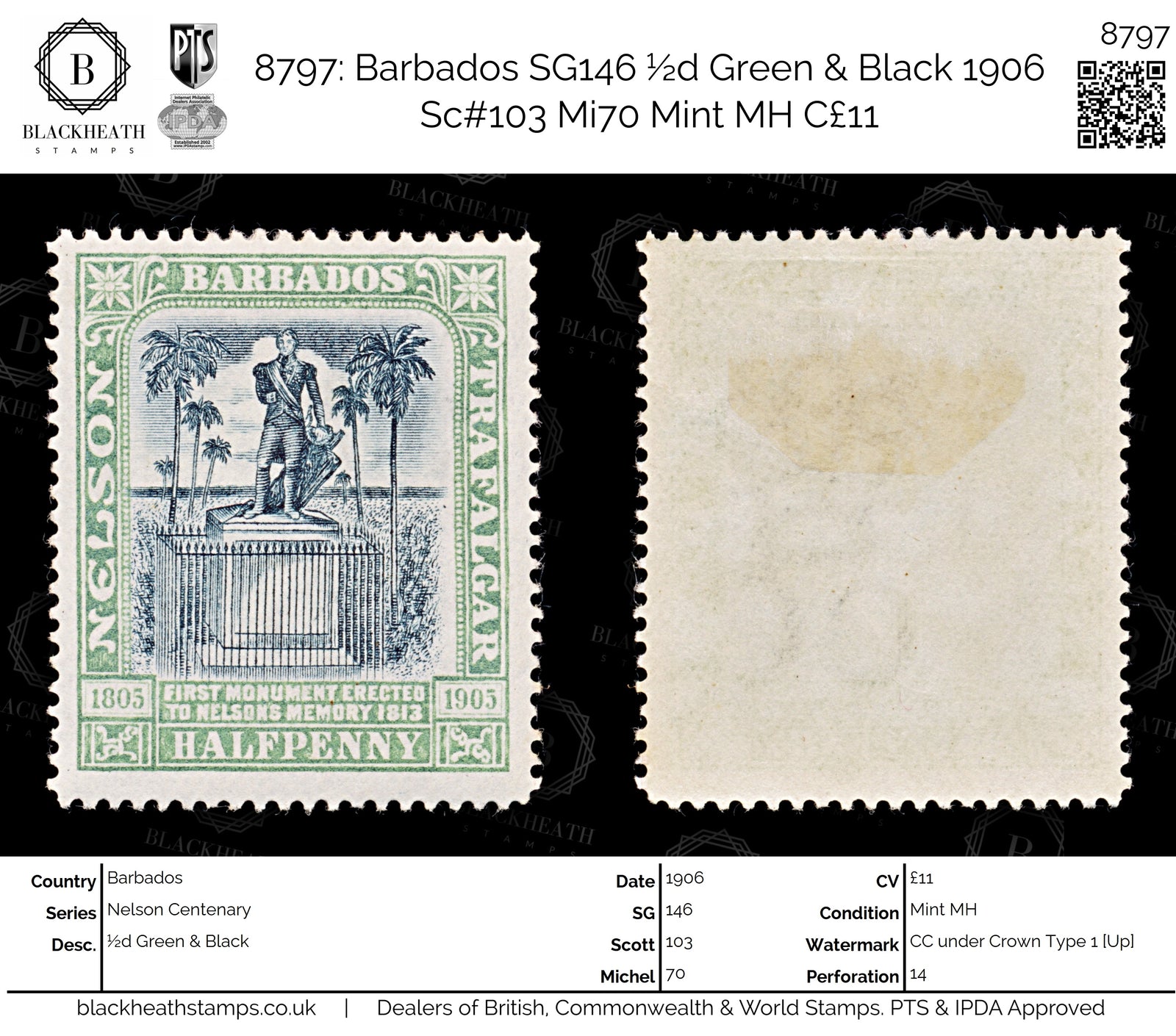 8797: Barbados SG146 ½d Green & Black 1906 Sc#103 Mi70 Mint MH C£11