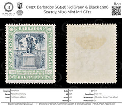 8797: Barbados SG146 ½d Green & Black 1906 Sc#103 Mi70 Mint MH C£11, view 1