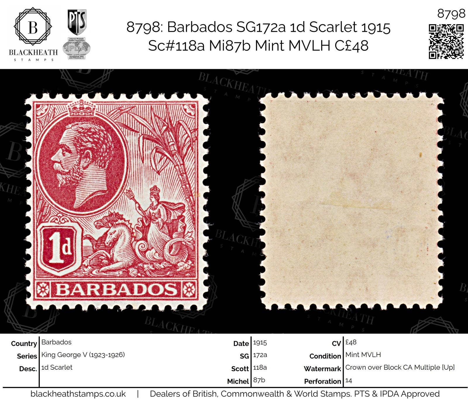 8798: Barbados SG172a 1d Scarlet 1915 Sc#118a Mi87b Mint MVLH C£48