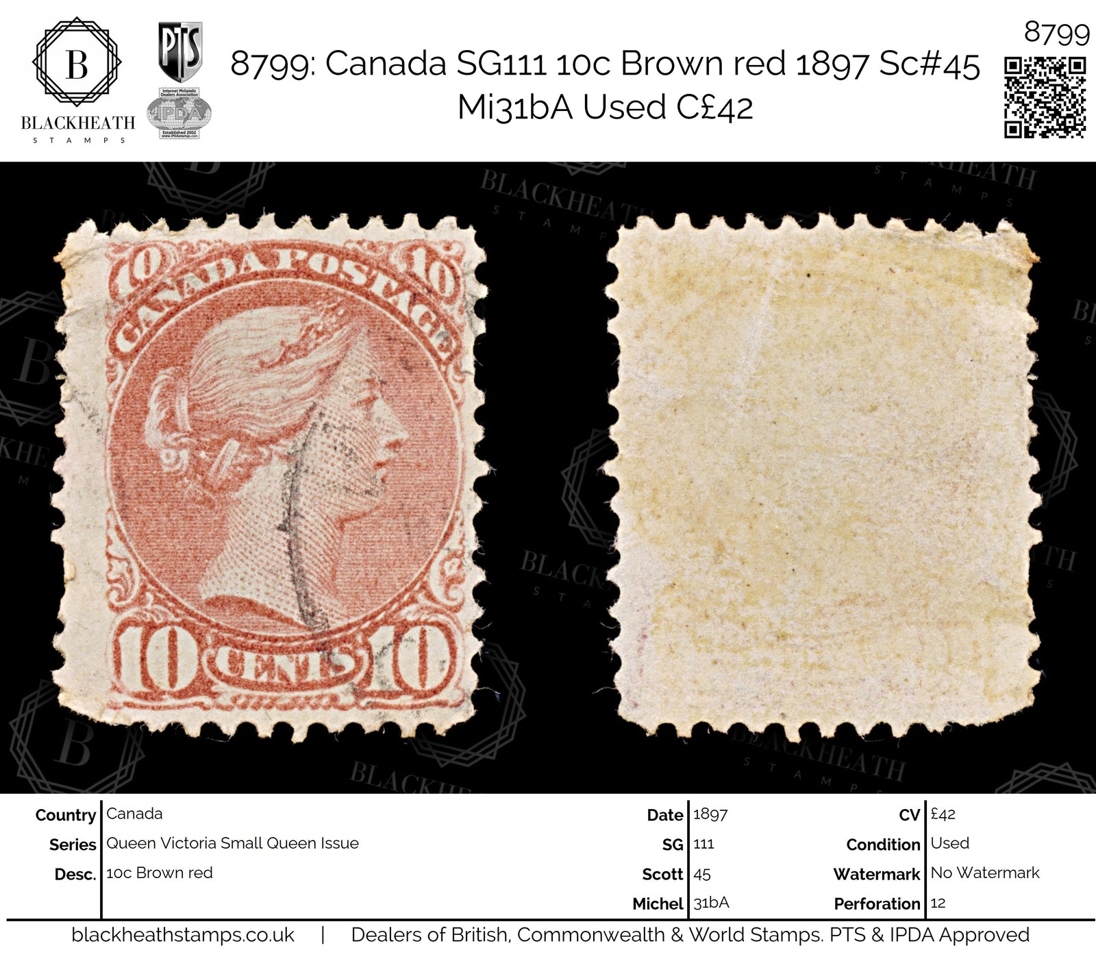 8799: Canada SG111 10c Brown red 1897 Sc#45 Mi31bA Used C£42