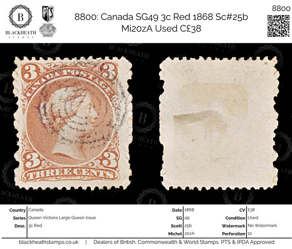 8800: Canada SG49 3c Red 1868 Sc#25b Mi20zA Used C£38