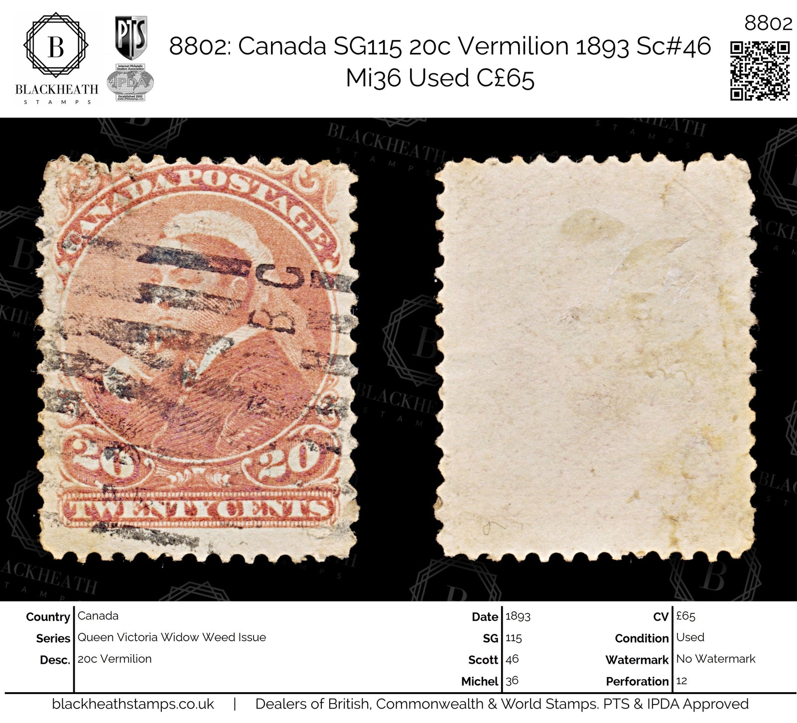8802: Canada SG115 20c Vermilion 1893 Sc#46 Mi36 Used C£65