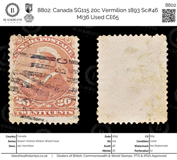 8802: Canada SG115 20c Vermilion 1893 Sc#46 Mi36 Used C£65