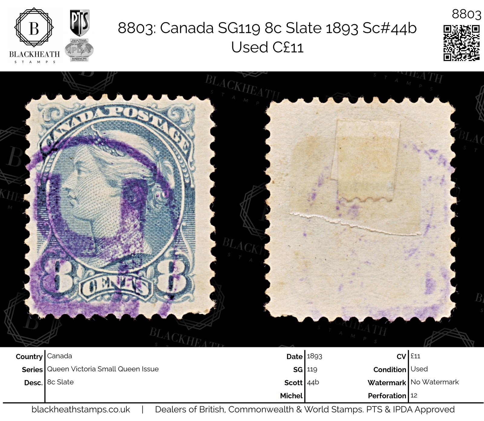 8803: Canada SG119 8c Slate 1893 Sc#44b Used C£11