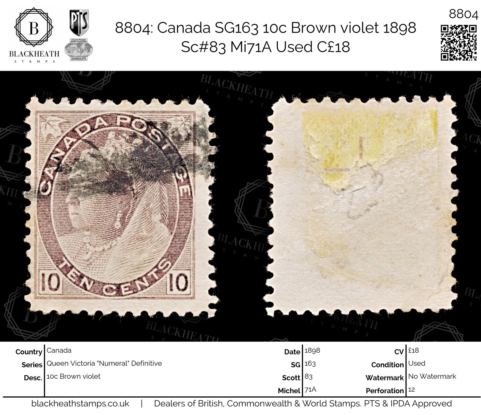 8804: Canada SG163 10c Brown violet 1898 Sc#83 Mi71A Used C£18