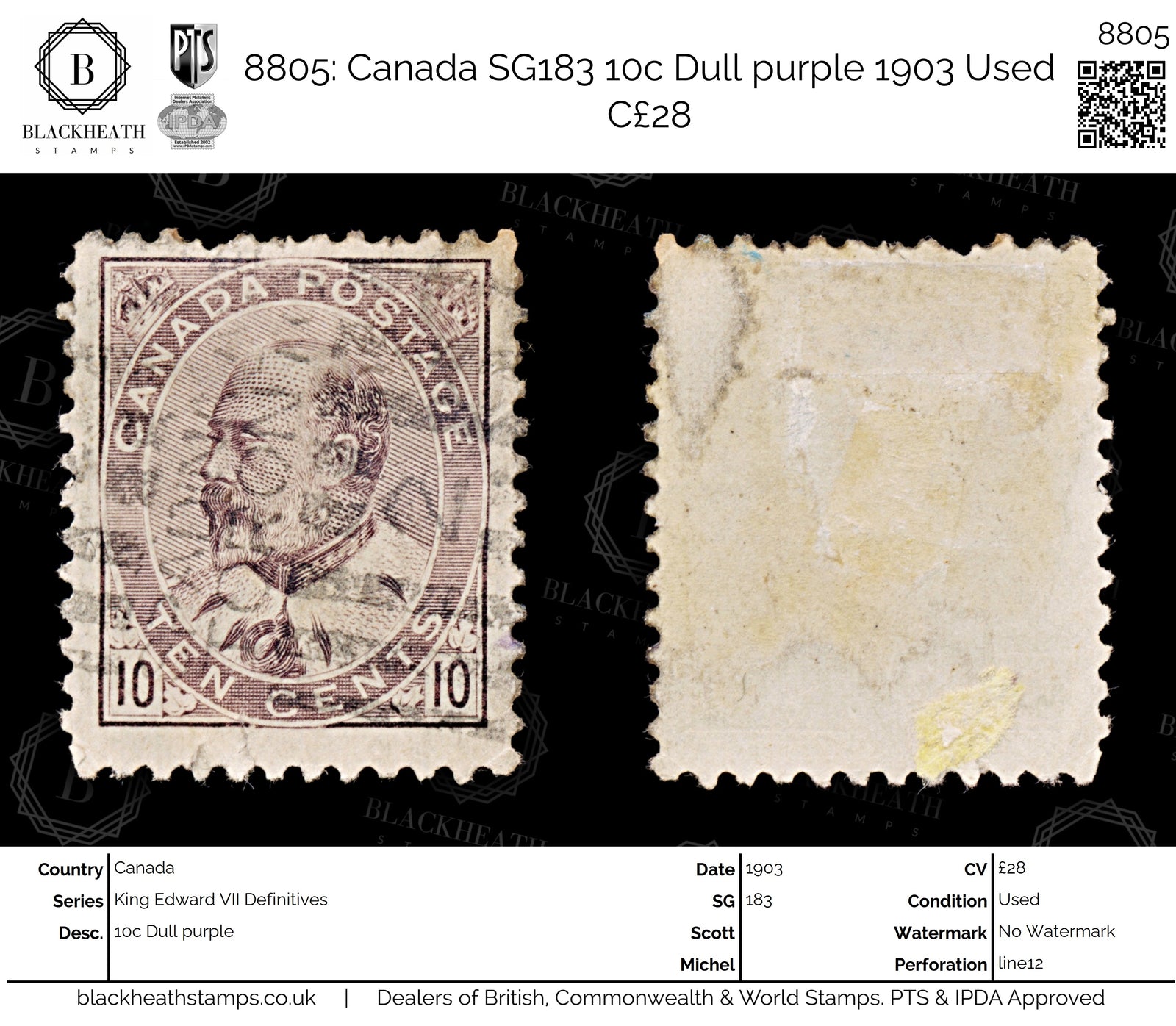 8805: Canada SG183 10c Dull purple 1903 Used C£28