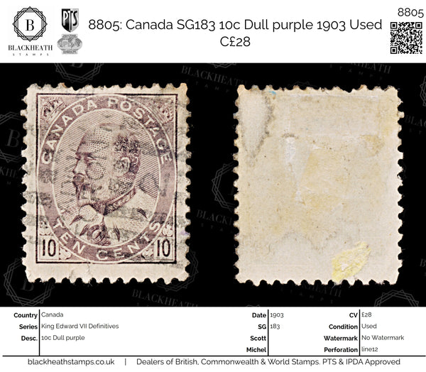 8805: Canada SG183 10c Dull purple 1903 Used C£28
