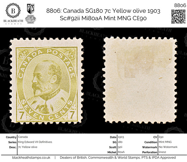 8806: Canada SG180 7c Yellow olive 1903 Sc#92ii Mi80aA Mint MNG C£90