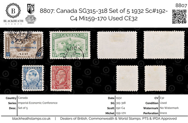 8807: Canada SG315-318 Set of 5 1932 Sc#192-C4 Mi159-170 Used C£32