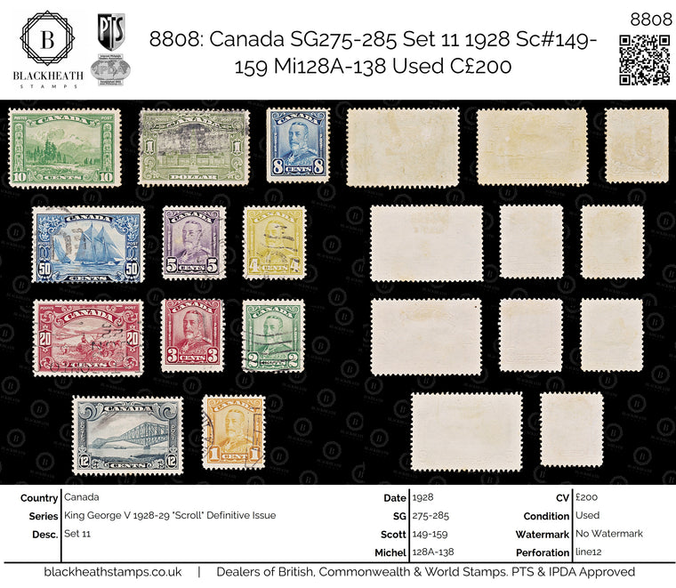 8808: Canada SG275-285 Set 11 1928 Sc#149-159 Mi128A-138 Used C£200, image 1