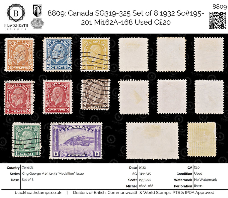 8809: Canada SG319-325 Set of 8 1932 Sc#195-201 Mi162A-168 Used C£20, image 1