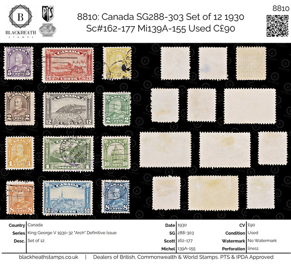 8810: Canada SG288-303 Set of 12 1930 Sc#162-177 Mi139A-155 Used C£90